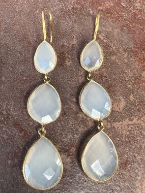 Gold Plated 3” Teardrop Triple Dangle Earrings - White Chalcedony
